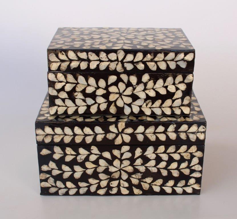 Set Of 2 Black & Silver Leaf Capiz Boxes
